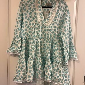 Kenny Flowers Green and White Pleated Sundress with Bell Sleeves